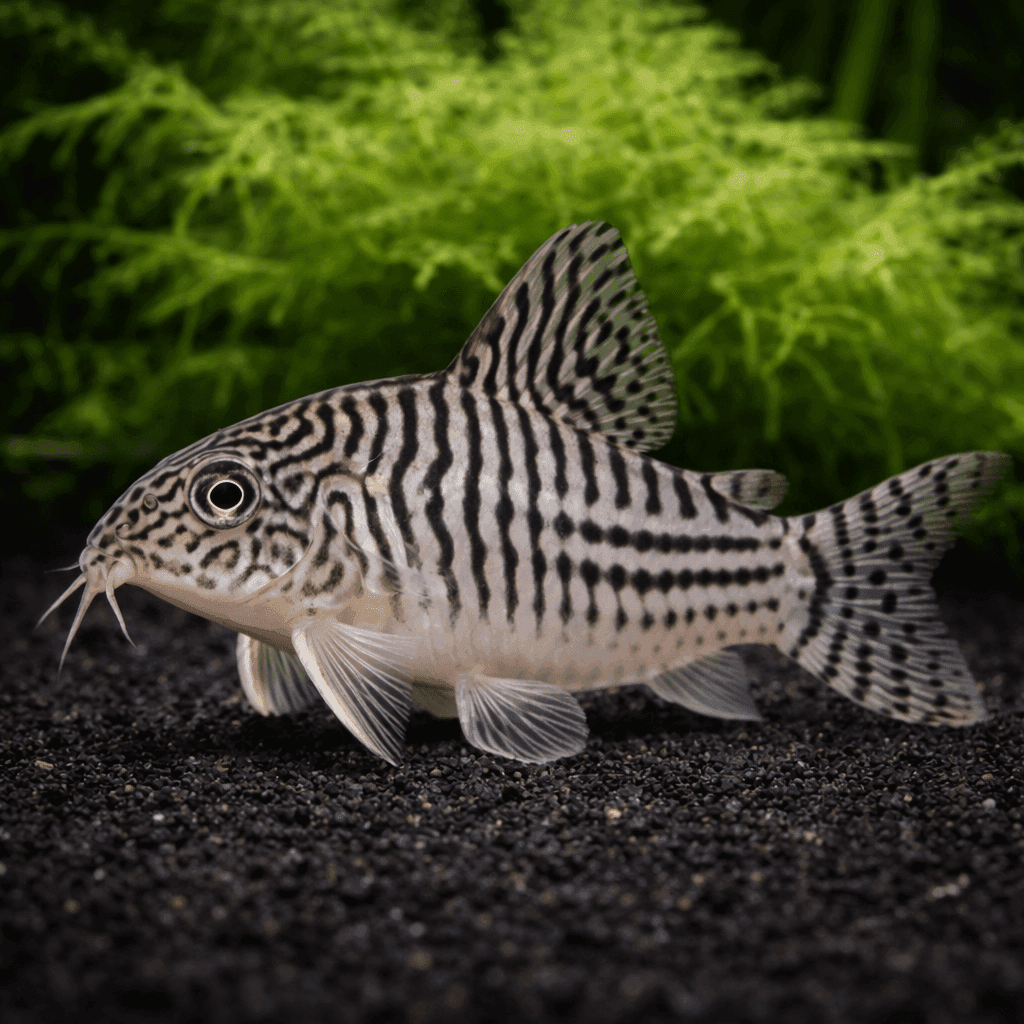 Corydoras Julii met wit lijf vol zwarte streepjes en stippen en gevlekte vinnen, op zwart grind.