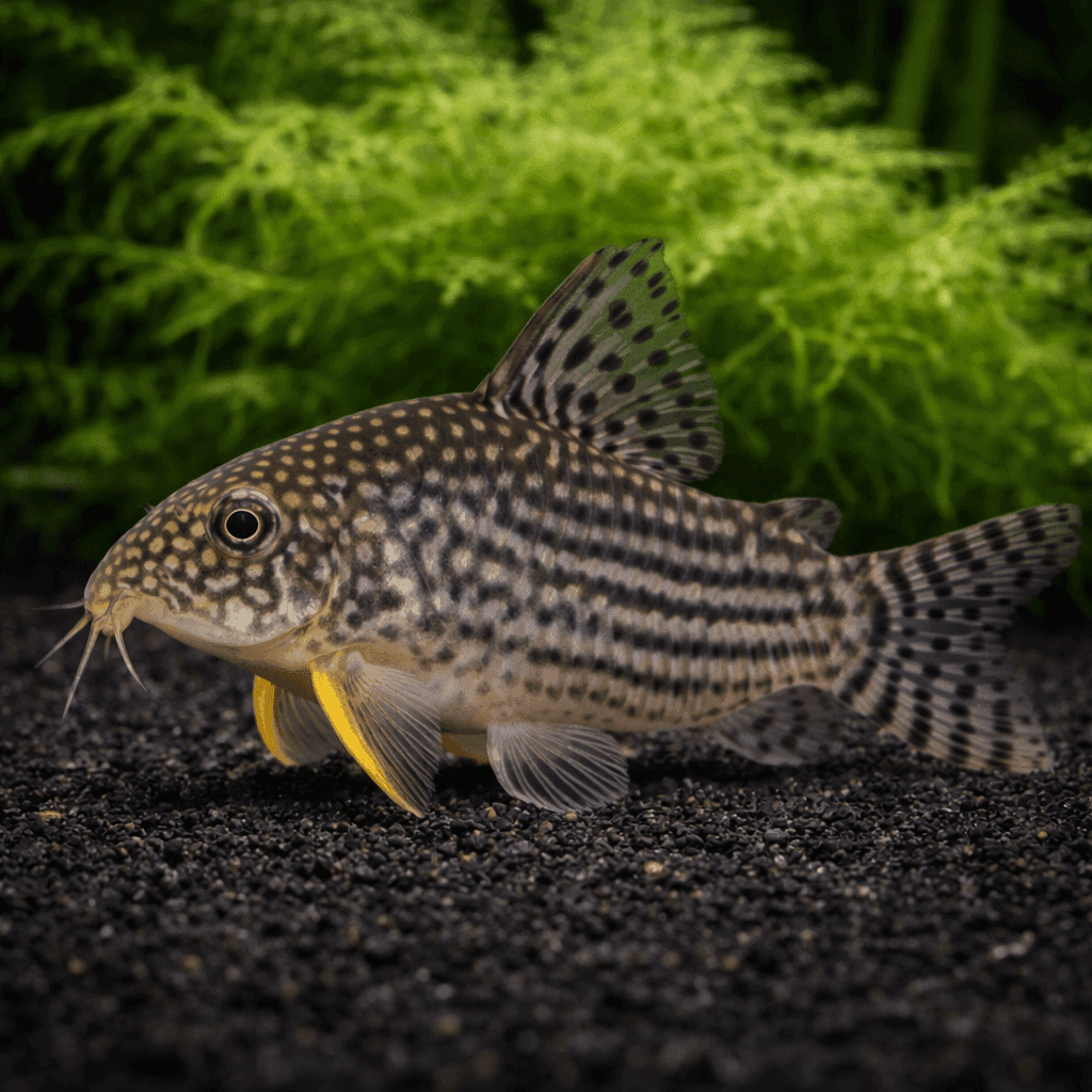 Corydoras Sterbai met donker lijf vol lichte stippen en gele borstvinnen, op zwart zand.