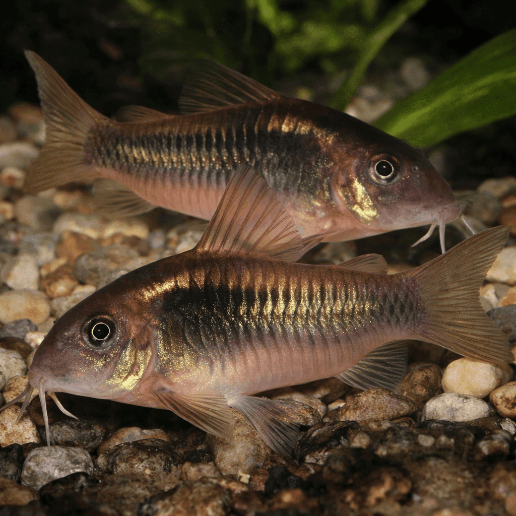 Corydoras Aeneus, twee bronskleurige pantsermeervallen met goudgroene glans, naast elkaar op grind.