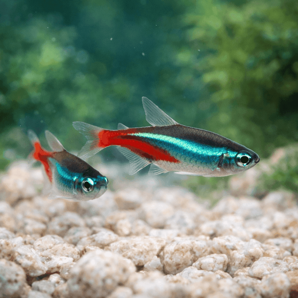 Neon Tetra Innesi: twee visjes met lichtblauwe lengtestreep en rood achterlijf boven wit grind.