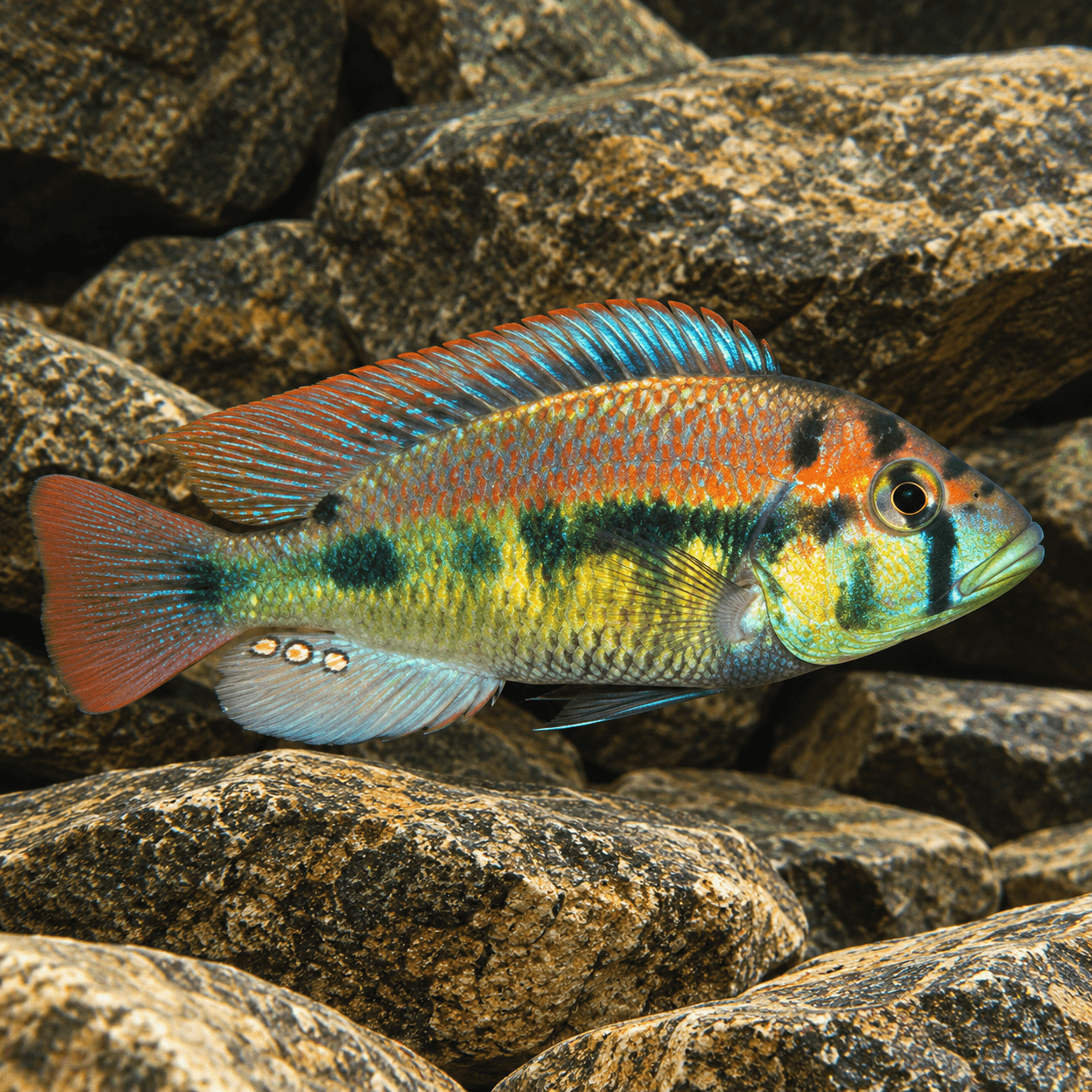 Haplochromis Yellow Belly, kleurrijk mannetje met gele buik, koperrode rug en donkere tekening tussen stenen
