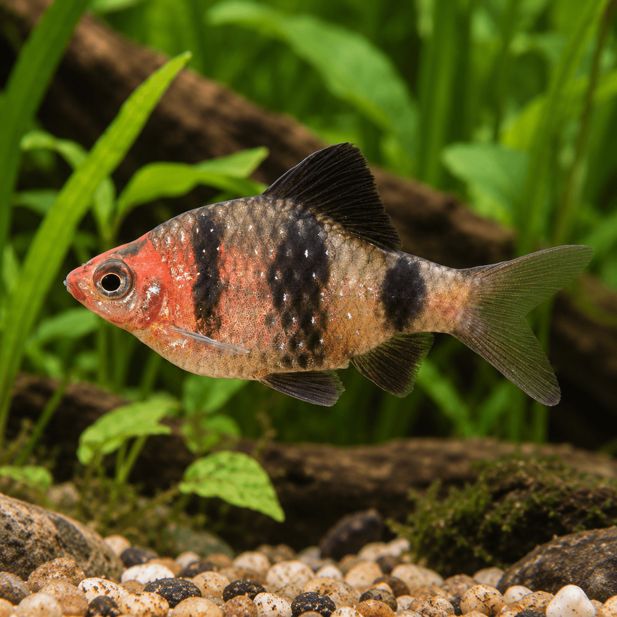 Purperkopbarbeel, mannetje met rode kop, zwarte dwarsbanden en zwarte rugvin tussen planten